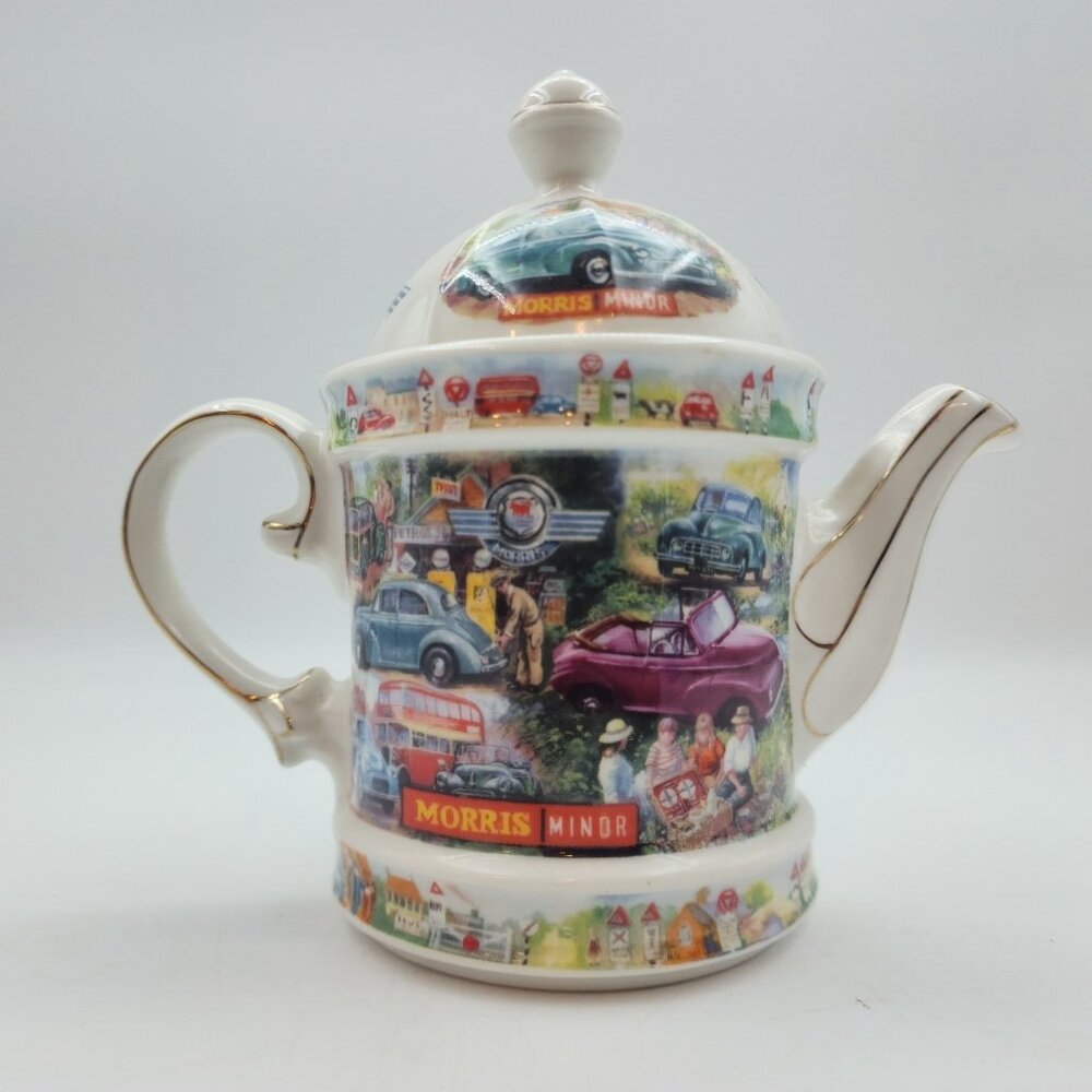 Vintage James Sadler History of Travel Morris Minor Teapot Ceramic 7" White Gold